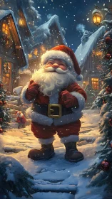 Santa figure in snowy village street with lit houses at night.