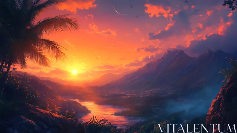 Sunlit tropical valley opens toward glowing mountain sunset