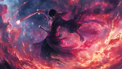 Volcanic katana duelist suspended in turbulent chromatic vortex.