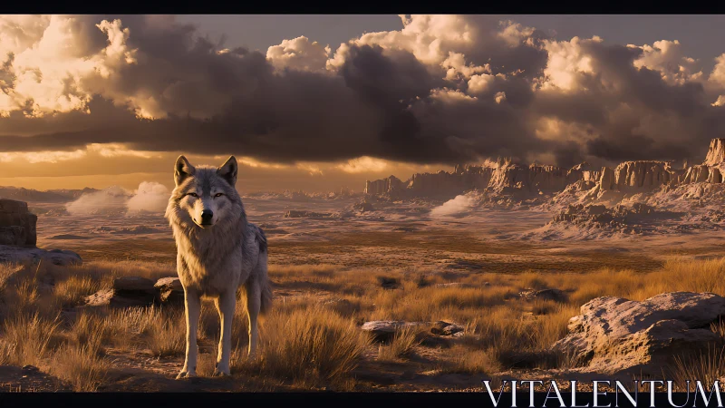 Solitary wolf standing in vast sunlit desert plain landscape.