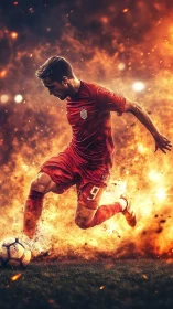 Fiery soccer striker charges forward in explosive stadium glow