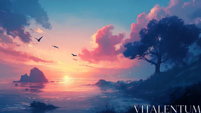 Cotton-candy dusk over quiet cove and storybook silhouettes.