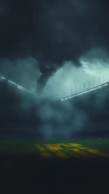 Tornado funnel over empty stadium under dark storm clouds.