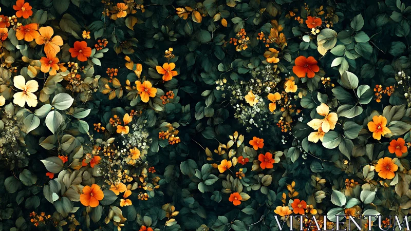 Midnight garden of glowing orange and gold blossoms.