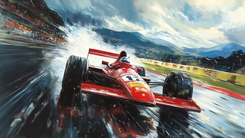 Aerodynamic red formula racer slicing wet circuit surface.