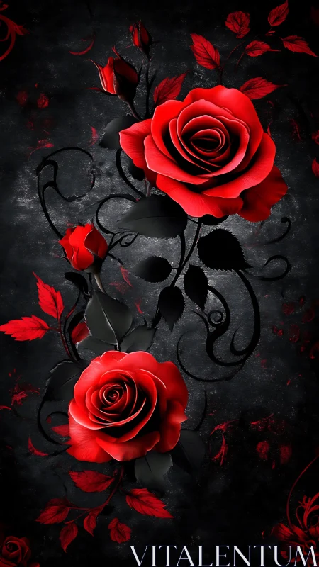 Crimson Blooms Dance: Digital Roses Against Shadowy Vines