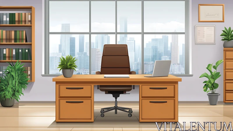 Modern executive office with skyline view and warm wood desk.
