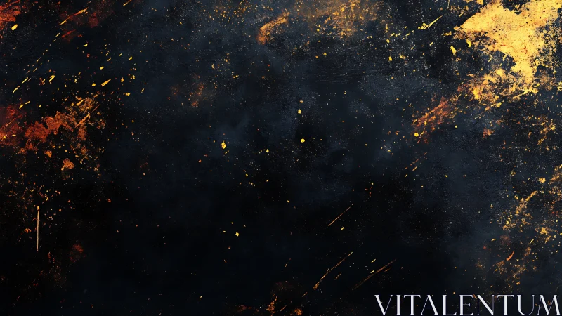 Dark textured background shows scattered orange and gold splashes