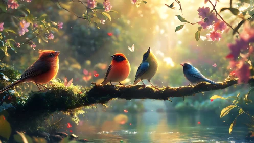 Colorful Songbirds on a Spring Branch in Lush Fantasy Light.