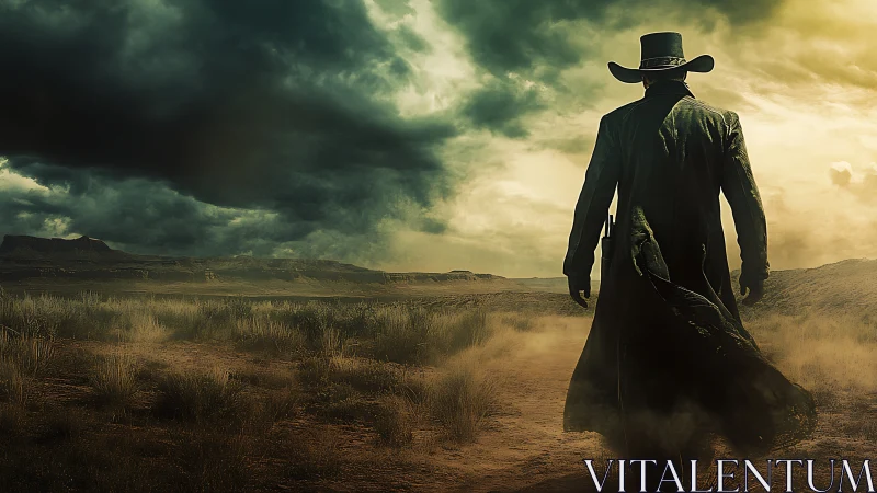 Lone cowboy walks into stormy desert horizon at dusk.