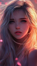 Radiant anime girl bathed in warm sunset light portrait.