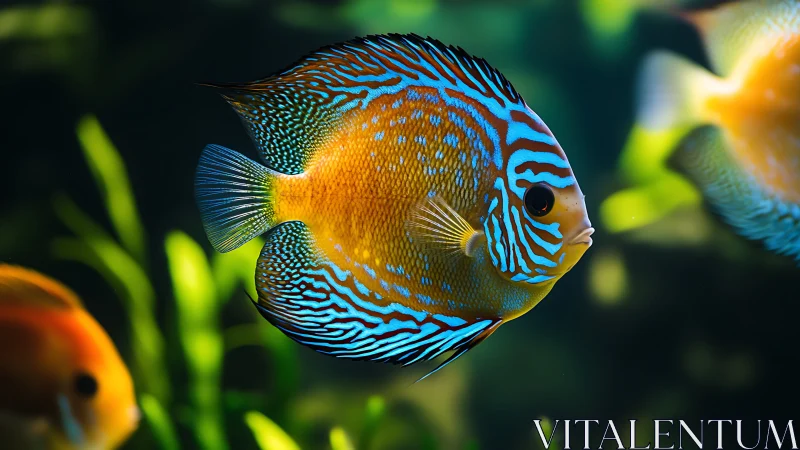 Vibrant discus fish with cyan stripes in deep aquatic bokeh.