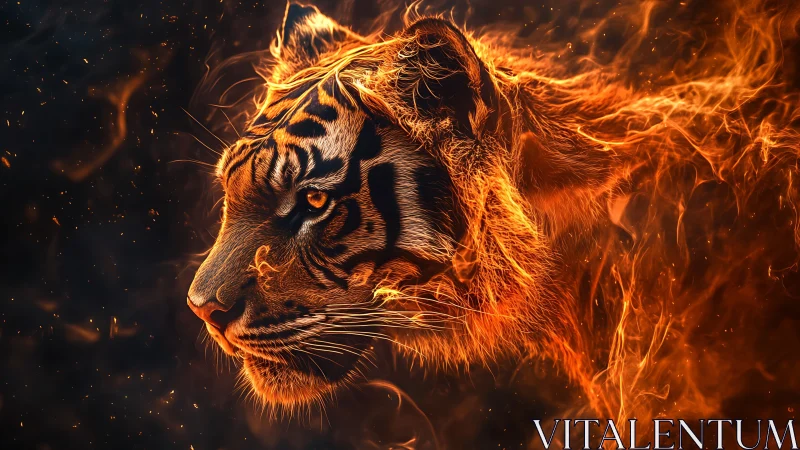 Fiery Tiger Portrait in Dynamic Lateral Profile Rendering.
