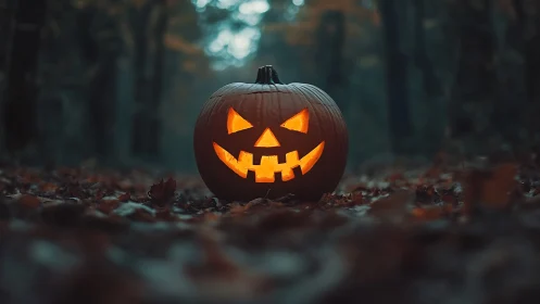 Grinning forest jack-o’-lantern guarding the dusky leaf trail.