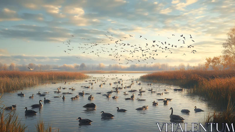Migrating geese stitch dawn light across a quiet autumn marsh