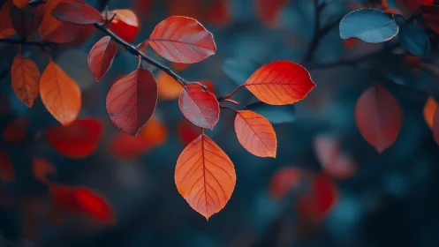 Autumn foliage close-up with teal bokeh and warm contrast.