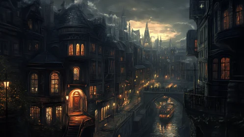 Gaslit canal cityscape renders moody neo-Victorian twilight