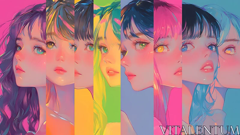 Chromatic anime portraits aligned in segmented neon gradient.