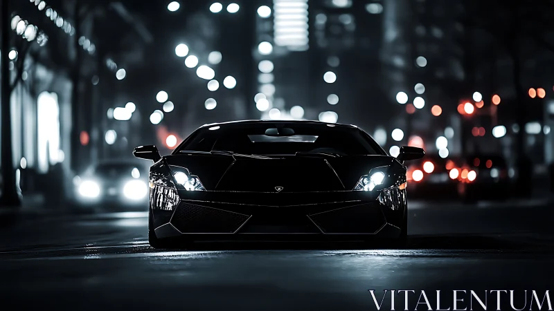 Midnight supercar slices through bokeh-lit city streets