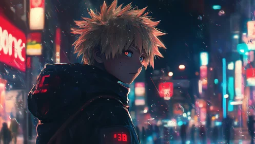 Neon-lit blond youth in hooded jacket on rainy city street.