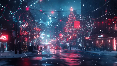 Nocturnal urban winter street with neon red holiday lights