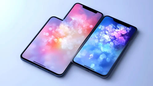 Two modern smartphones with abstract colorful bokeh screens, digital art.