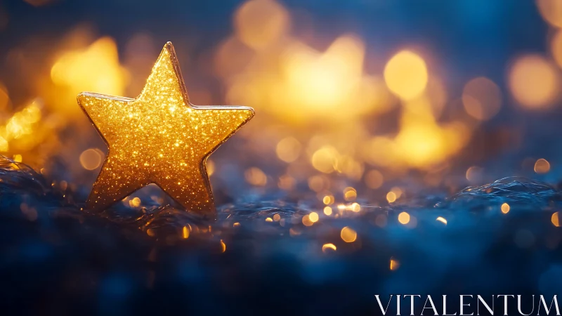 Glittering star ornament in shallow focus bokeh scene.