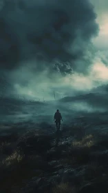 Lone wanderer walks through stormlit toxic wasteland valley