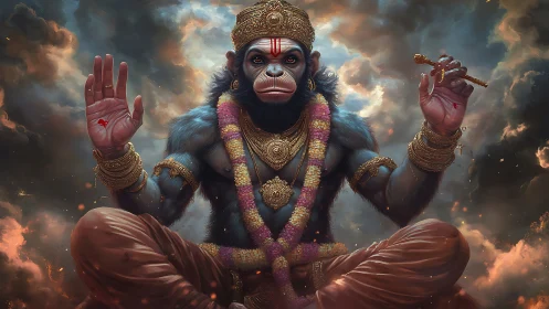 Digital painting of divine simian deity in storm-lit clouds.