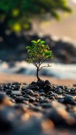 Tiny coastal sapling stands resilient among wet pebbles.