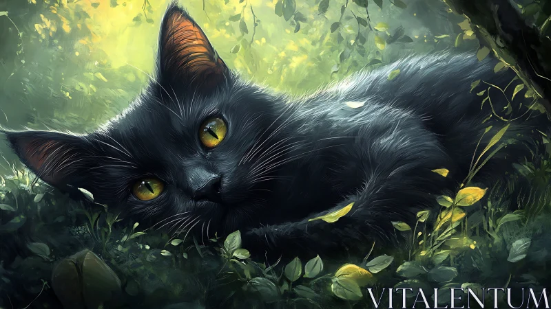Gleaming eyed black cat rests softly in a sunlit forest