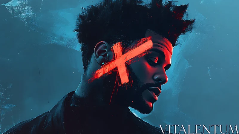 Moody portrait glows with bold neon X and quiet defiance