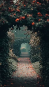 Misty garden path under rose-covered archway tunnels.