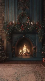 Emberlit holiday hearth wrapped in garlands and candlelight.