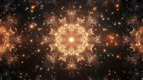 Radiant fractal starburst blooms across a cosmic night field