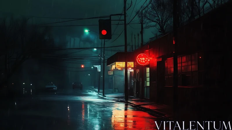 Rainy urban street with neon signage and traffic signal at night.