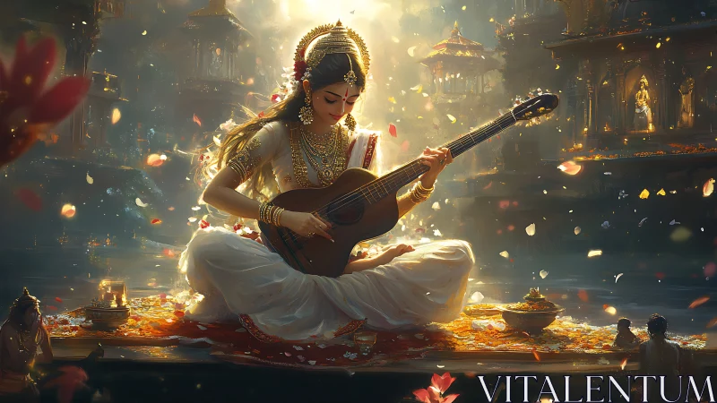 Divine musician goddess playing guitar amid golden temple light.
