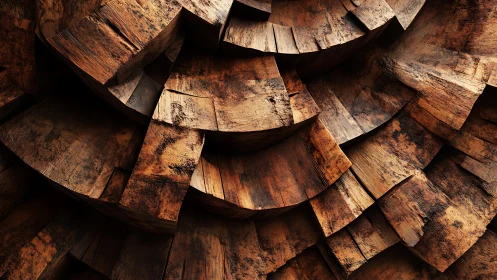 Abstract Close-Up of Rustic Layered Wooden Blocks in Warm Tones.