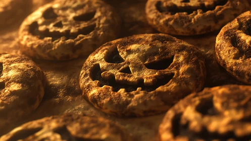Pumpkin face cookies are arranged in shallow depth of field