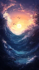 Vast ocean vortex framing glowing sun at vivid sunset.