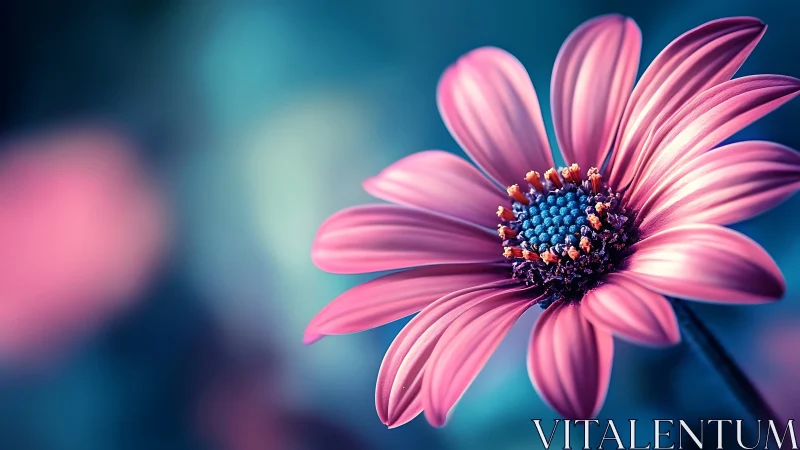 Pink Daisy with Blue Center Against Teal Bokeh Background.