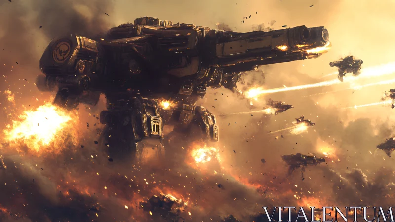 Colossal siege mech advances through incendiary orbital battlefield