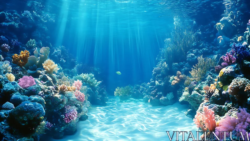 Sunlit coral reef valley shows vivid underwater seascape