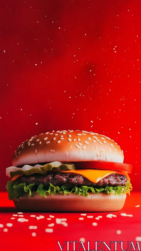 Cheeseburger explodes with color on bold red backdrop.