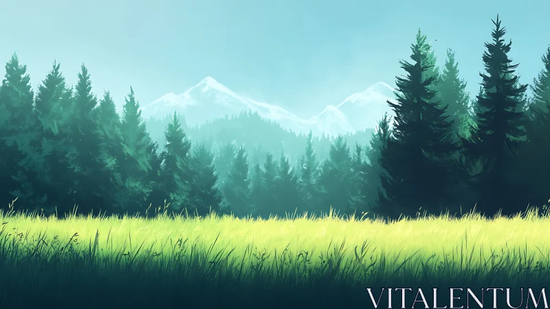 Alpine Landscape with Coniferous Forest and Snow-Capped Mountain Peaks.