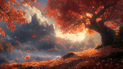 Autumnal fantasy valley glows under dramatic backlit foliage