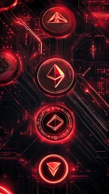 Red Ethereum cryptocurrency icons on digital circuit board.