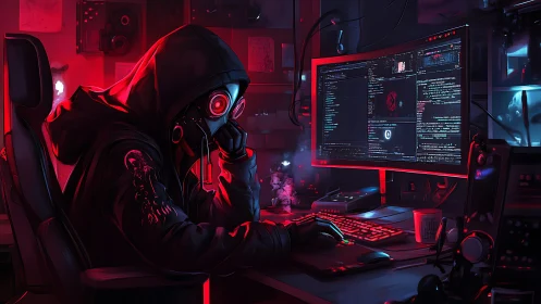 Lone night hacker quietly studies code in neon red glow