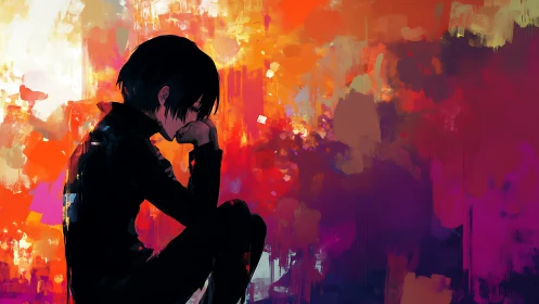 Silhouetted thinker drifts through wildfire colors of memory