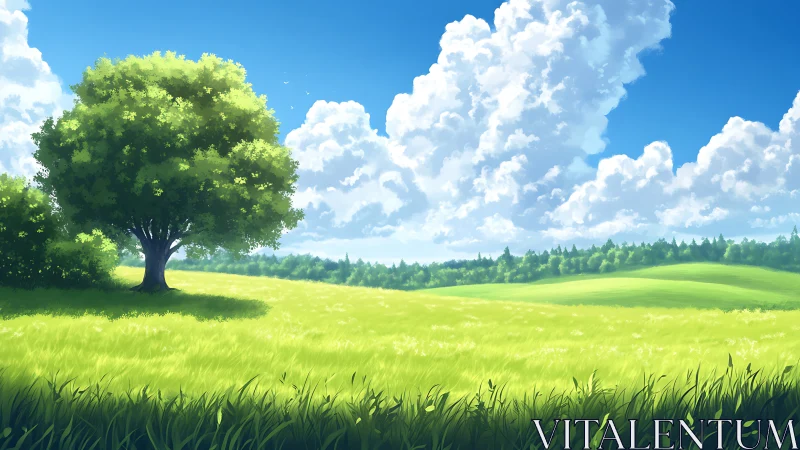 Summer meadow tree under expansive cumulus sky. Period.